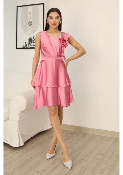 Çiçek Detaylı Saten Elbise 2371-PUDRA