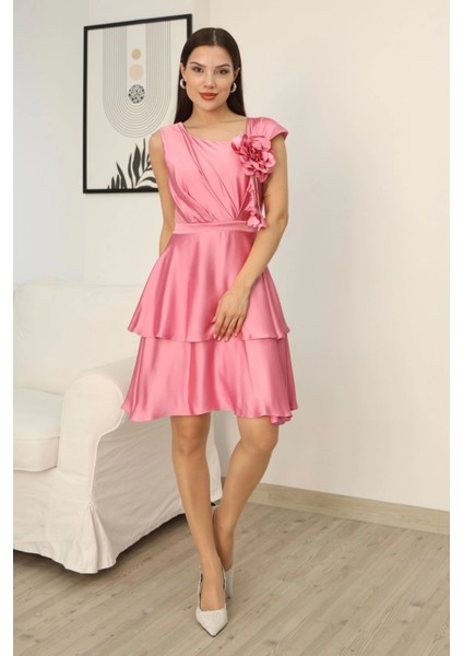 Çiçek Detaylı Saten Elbise 2371-PUDRA fiyatları