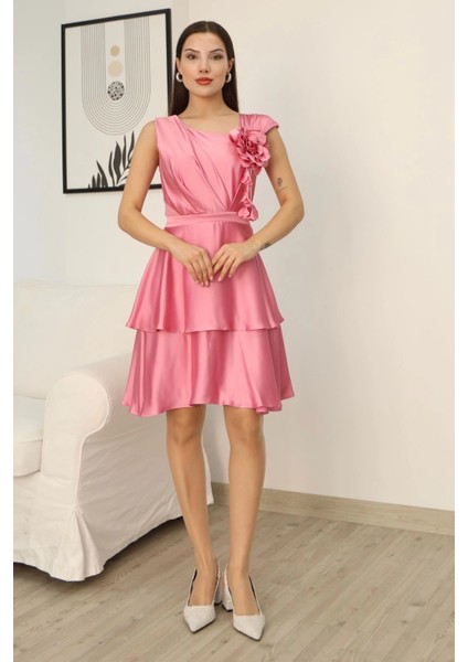 Çiçek Detaylı Saten Elbise 2371-PUDRA modelleri