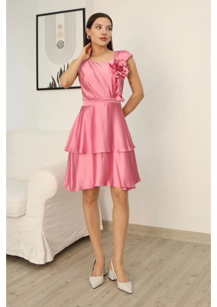 Çiçek Detaylı Saten Elbise 2371-PUDRA fırsatları