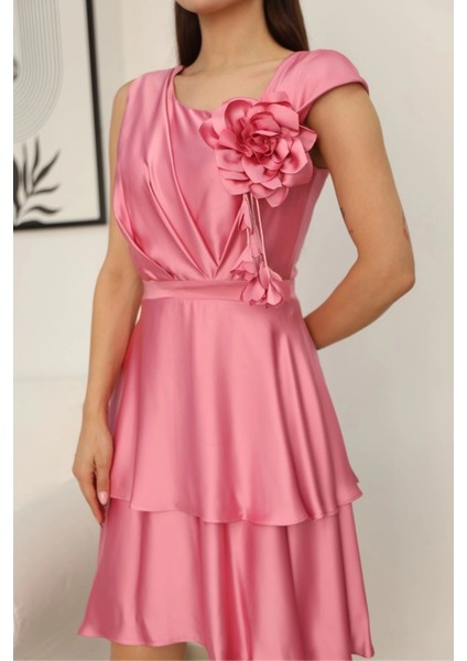 Çiçek Detaylı Saten Elbise 2371-PUDRA indirimleri