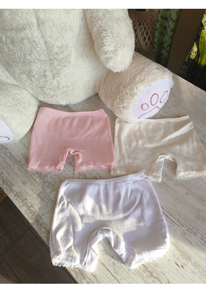 Kız Çocuk 3'lü Boxer Jakarlı Dantelli Terletmez %100 Pamuk Pembe Beyaz Krem