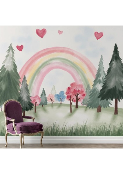 Çocuk Odası Pastel Gökkuşağı Temalı Tek Parça Duvar Kağıdı -Isı ve Ses Yalıtımı Yırtılmaz