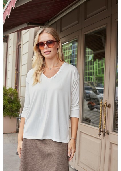 Kadın Kaliteli Modal Esnek Kumaş V Yaka Düşük Omuzlu Kapri Truvakar Kol Hafif Salaş Bluz-Krem fırsatları