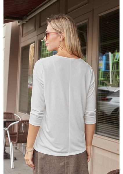 Kadın Kaliteli Modal Esnek Kumaş V Yaka Düşük Omuzlu Kapri Truvakar Kol Hafif Salaş Bluz-Krem
