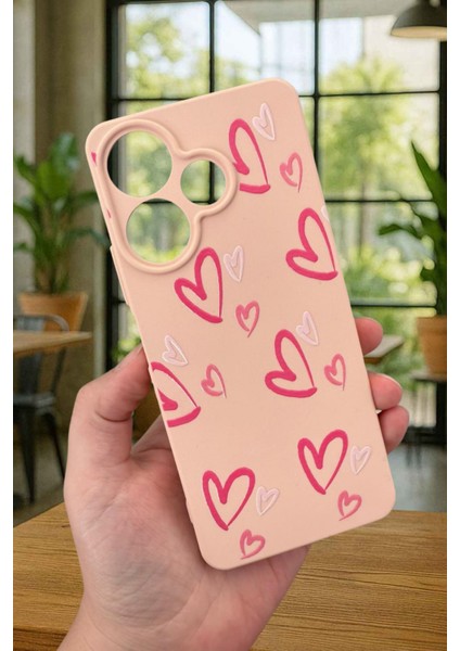 Xiaomi Redmi 13 4g Pembe Kalp Desenli Silikon Darbe Emici Klasik Korumalı Rubber Kılıf