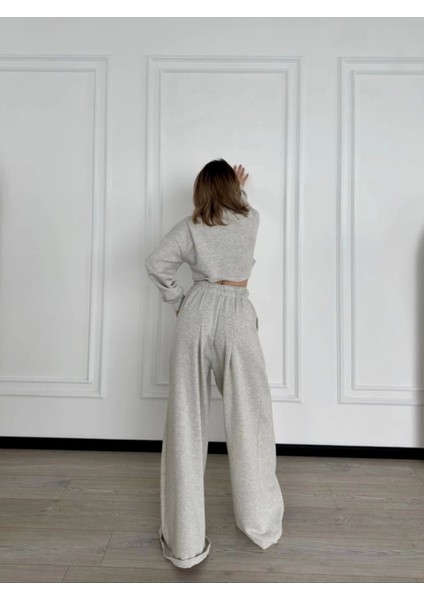 Uzun Kollu Önü Ip Büzgülü Crop ve Pantolon Ikili Takım - Gri modelleri