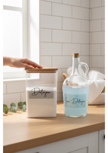 Girid Series Ahşap Kapaklı Şeffaf Etiketli Deterjan Kavanozu ve Sıvı Deterjan Şişesi 1500ML