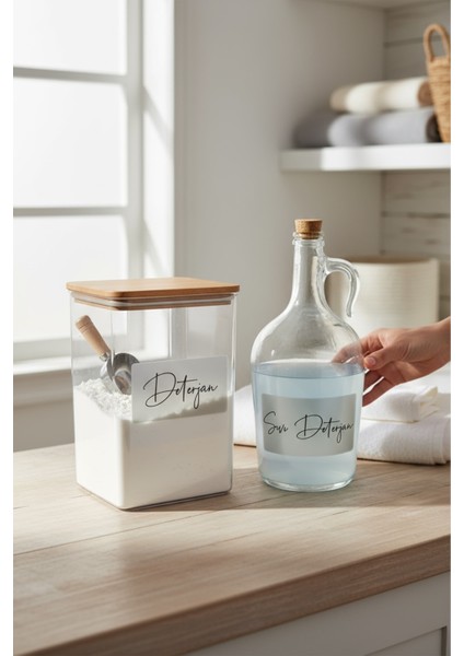 Girid Series Ahşap Kapaklı Şeffaf Etiketli Deterjan Kavanozu ve Sıvı Deterjan Şişesi 1500ML modelleri