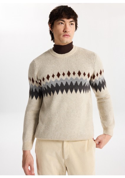 Bisiklet Yaka Normal Örgü Desenli Kırık Beyaz Erkek Kazak M5WM-KZK1553