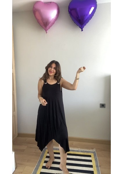 Kadın Askılı Yuvarlak Yaka Kuş Gözü Detaylı Asimetrik Viskon Elbise