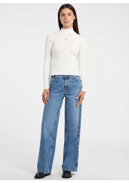 Dik Yaka Baskılı Krem Kadın T-Shirt Guess Jeans Kadın Tp