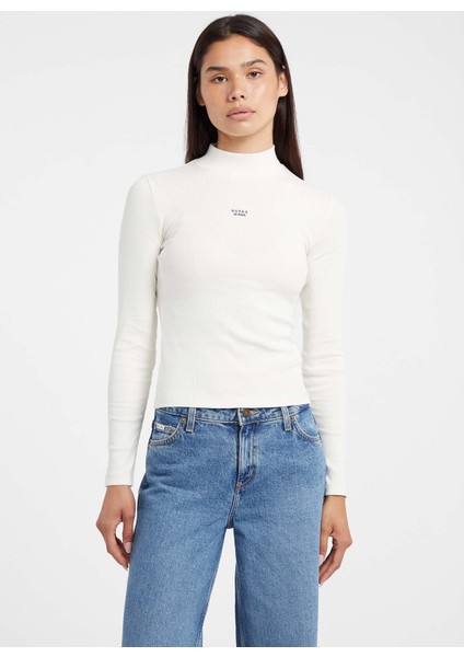 Dik Yaka Baskılı Krem Kadın T-Shirt Guess Jeans Kadın Tp fiyatları