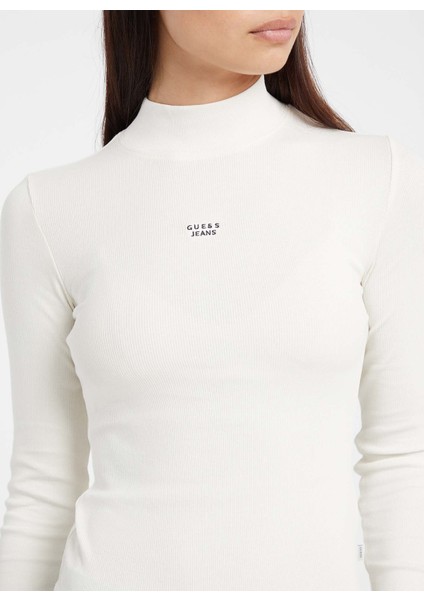 Dik Yaka Baskılı Krem Kadın T-Shirt Guess Jeans Kadın Tp modelleri