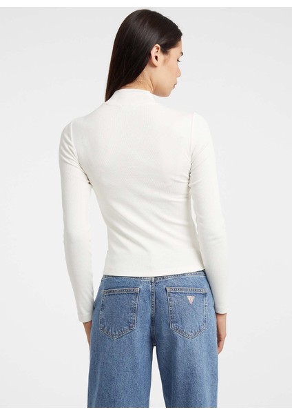 Dik Yaka Baskılı Krem Kadın T-Shirt Guess Jeans Kadın Tp fırsatları