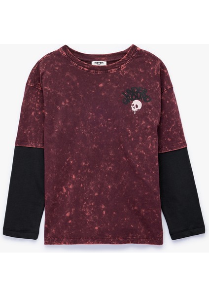 Pamuklu Uzun Kollu Bisiklet Yaka Baskılı Oversize Tişört