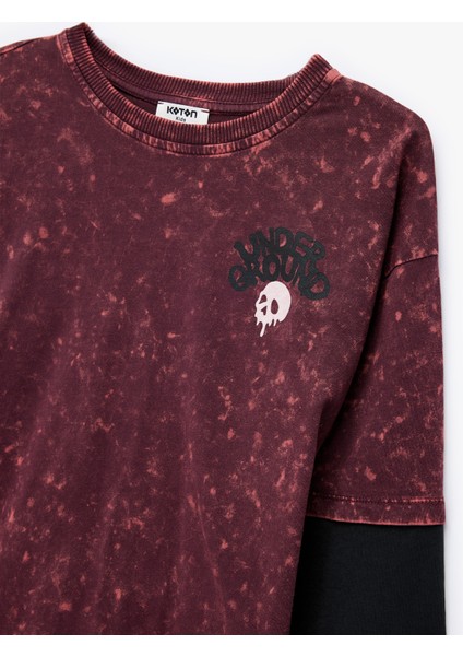 Pamuklu Uzun Kollu Bisiklet Yaka Baskılı Oversize Tişört modelleri