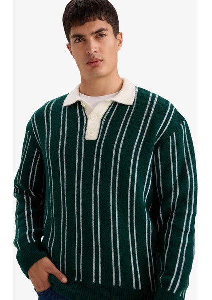 Relax Fit Polo Yaka Çizgili Triko Kazak E8400AX25WN