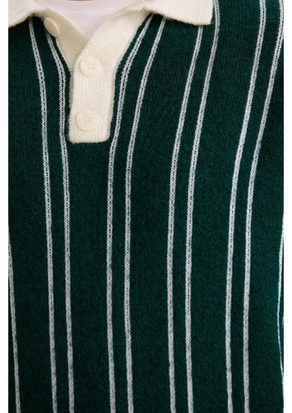 Relax Fit Polo Yaka Çizgili Triko Kazak E8400AX25WN fırsatları