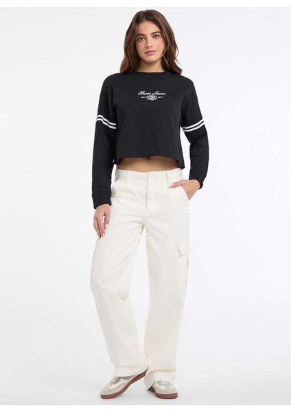 Yuvarlak Yaka Baskılı Siyah Kadın Sweatshırt Guess Jeans Kadın Sweatshirt