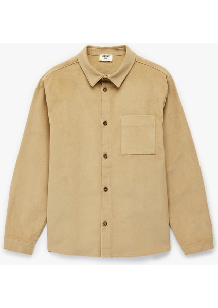Pamuklu Uzun Kollu Cepli Düğmeli Kadife Gömlek