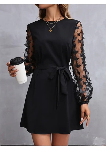 Kadın Uzun Kollu Bisiklet Yaka Kollar Tül Kelebek Detaylı Ithal Krep Elbise fırsatları