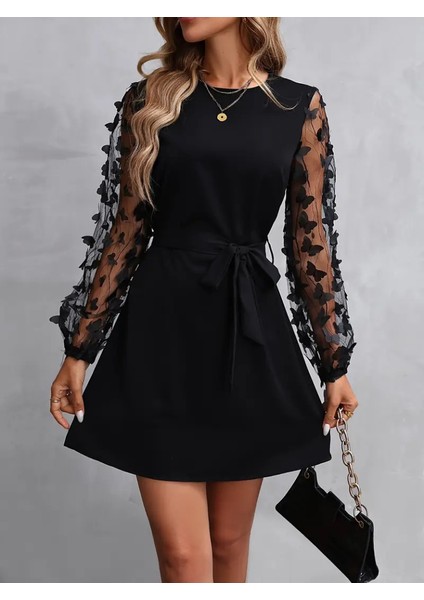 Kadın Uzun Kollu Bisiklet Yaka Kollar Tül Kelebek Detaylı Ithal Krep Elbise