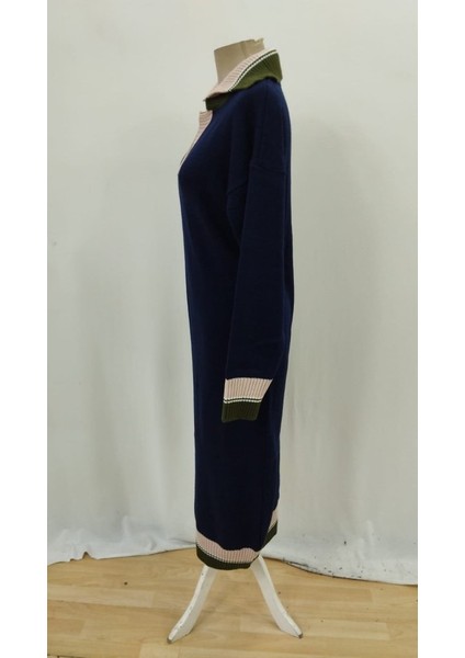 Kadın Uzun Kollu Yakalı Çok Renkli Triko Uzun Elbise