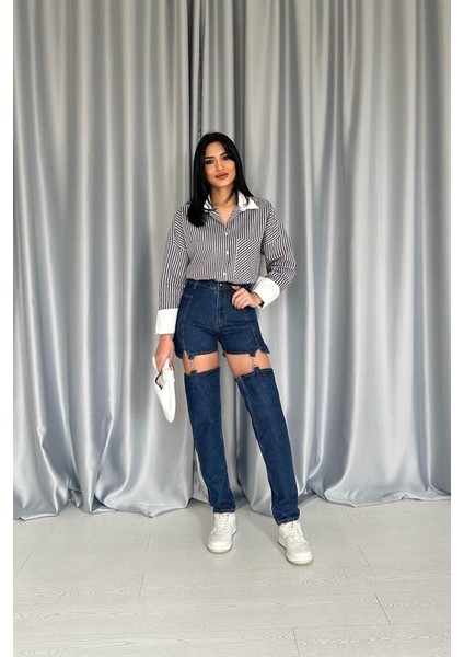 Mavi Askılı Iki Parça Jeans Pantolon