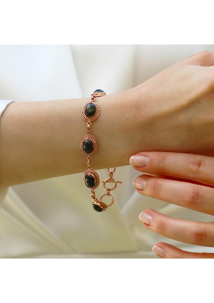 Oval Onix Taşlı Rose Gold Gümüş Bileklik