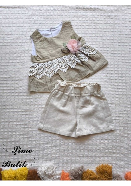 Kız Bebek Şortlu Takım Keten Gül Aplikeli fiyatları