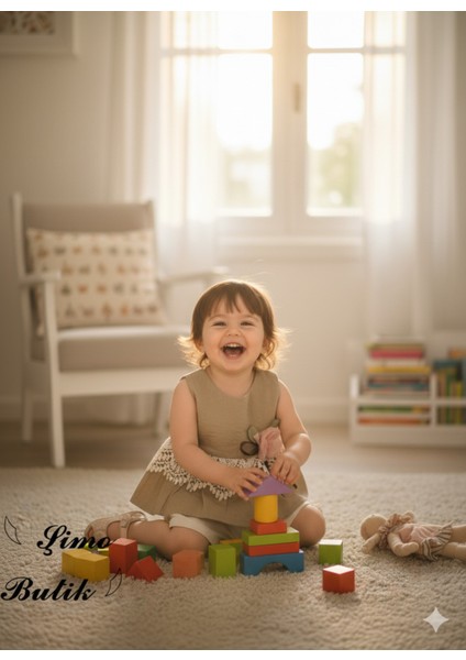 Kız Bebek Şortlu Takım Keten Gül Aplikeli modelleri