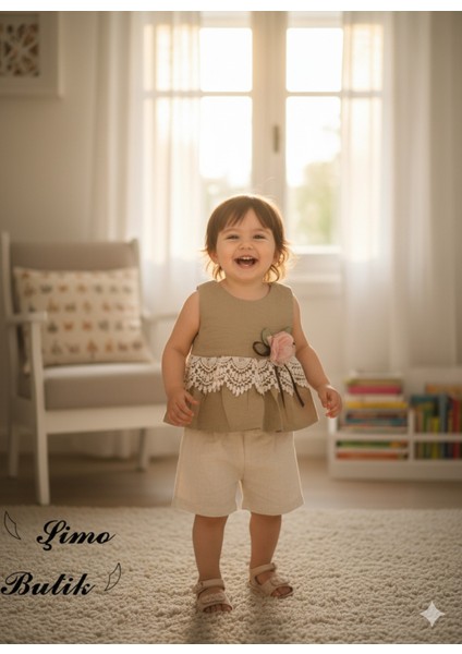 Kız Bebek Şortlu Takım Keten Gül Aplikeli indirimleri