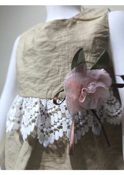 Kız Bebek Şortlu Takım Keten Gül Aplikeli