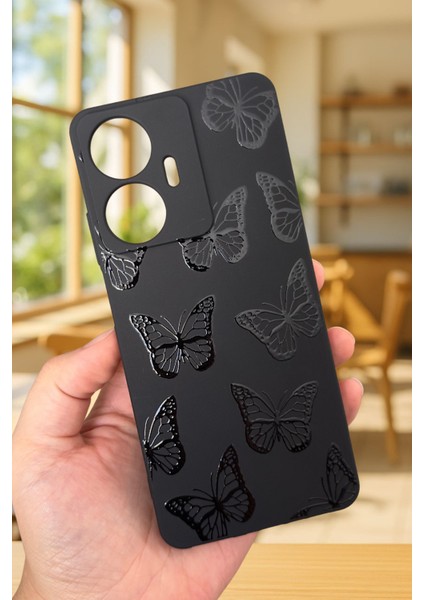 Realme C55 Uyumlu Siyah Kelebek Desenli Silikon Darbe Emici Klasik Korumalı Rubber Kılıf