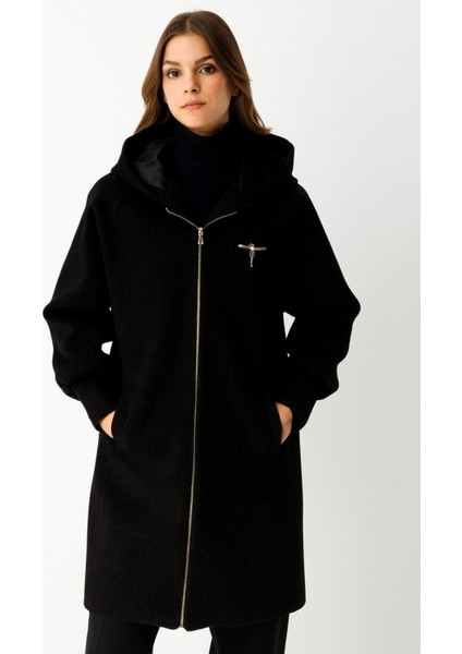 Fermuar Kapamalı Kapişonlu Kaban Siyah