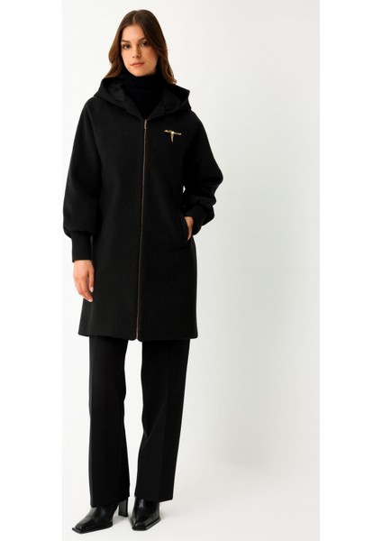 Fermuar Kapamalı Kapişonlu Kaban Siyah fiyatları