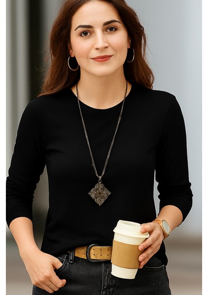 Kadın Bisiklet Yaka Uzun Kol Esnek Süprem Penye Badi Siyah