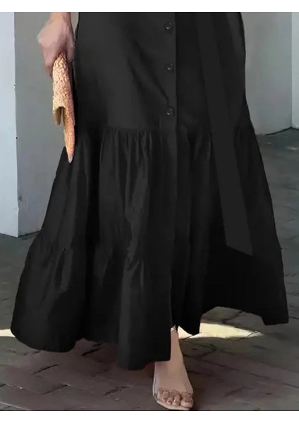 Kadın Uzun Kollu Eteği Fırfırlı Beli Kuşaklı Trikoton Tam Boy Gömlek Elbise fiyatları