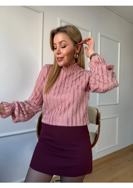 Pudra Dik Yaka Şeritli Bluz indirimleri