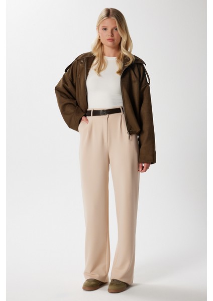 Likra Serisi Flex Bel Lastikli Esnek Açık Bej Palazzo Pantolon