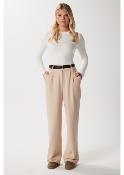 Likra Serisi Flex Bel Lastikli Esnek Açık Bej Palazzo Pantolon fiyatları