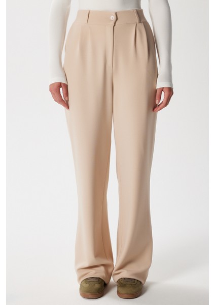 Likra Serisi Flex Bel Lastikli Esnek Açık Bej Palazzo Pantolon modelleri