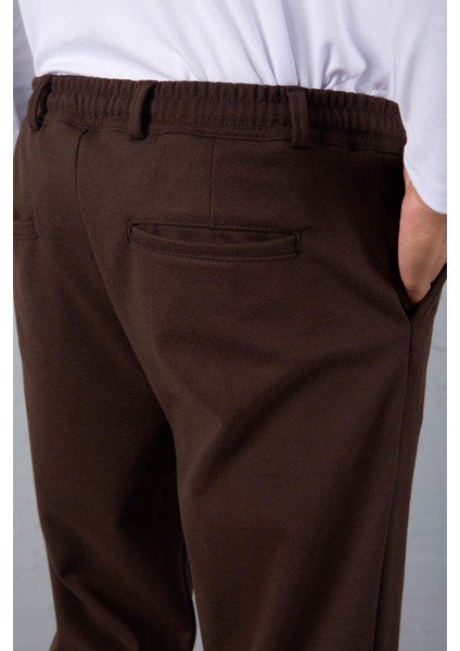 Milos Relax Fit Örme Kaşe Kumaş Fermuarlı Beli Lastikli Jogger Erkek Pantolon - Kahve modelleri