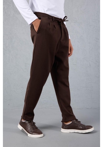 Milos Relax Fit Örme Kaşe Kumaş Fermuarlı Beli Lastikli Jogger Erkek Pantolon - Kahve indirimleri
