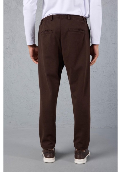 Milos Relax Fit Örme Kaşe Kumaş Fermuarlı Beli Lastikli Jogger Erkek Pantolon - Kahve
