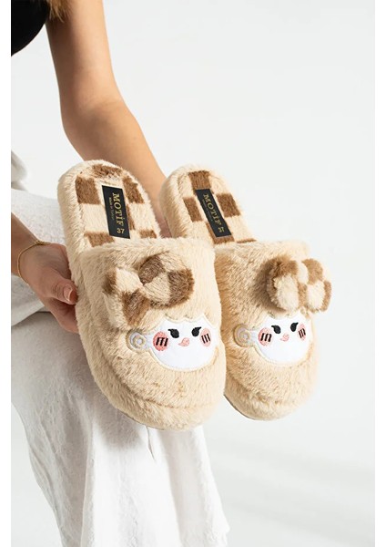 Bubu Kadın Peluş Içi Tüylü Kaydırmaz Rahat Taban Fiyonklu Kışlık Ev Terliği