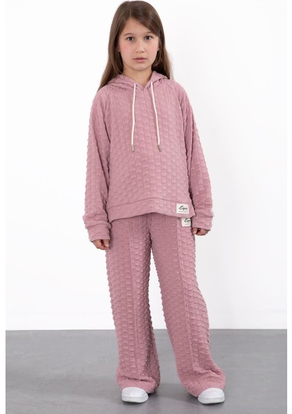 Pembe Kız Çocuk Dokulu Geniş Paça Kapüşonlu Eşofman Takımı 23302