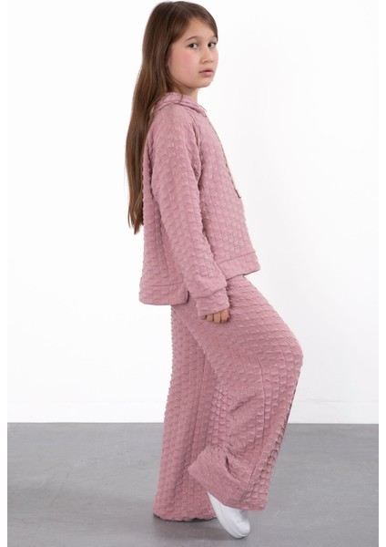 Pembe Kız Çocuk Dokulu Geniş Paça Kapüşonlu Eşofman Takımı 23302 fiyatları