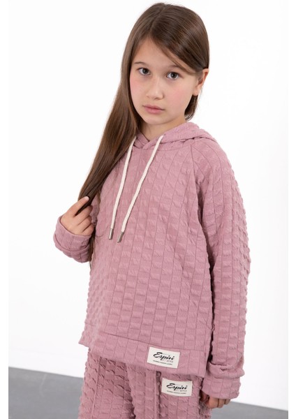 Pembe Kız Çocuk Dokulu Geniş Paça Kapüşonlu Eşofman Takımı 23302 modelleri